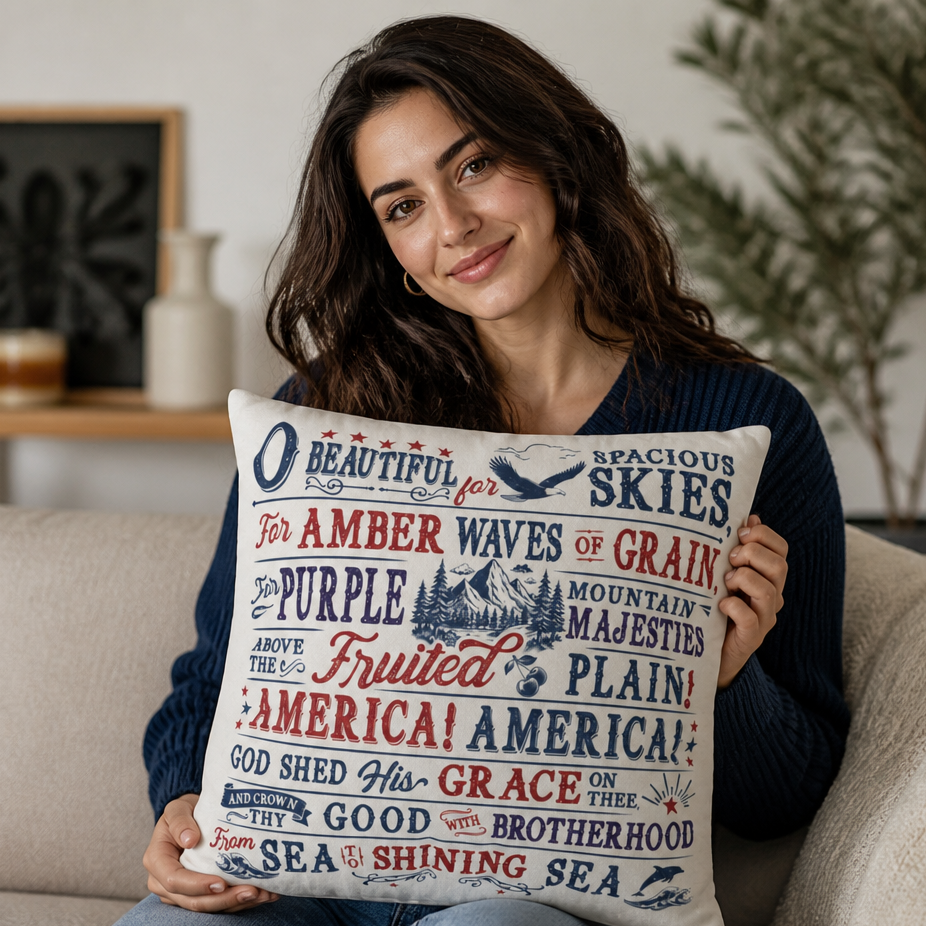 July 4th Pillow Cover with America the Beautiful Lyrics
